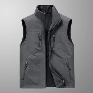 Men's thermal fleece vest with stand collar and four zipper pockets in dark grey