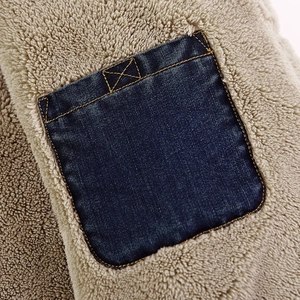 Mens heavy fleece jacket with beige sherpa wool and blue denim contrast pocket