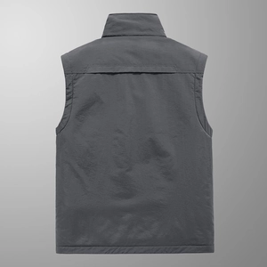 Men's dark gray fleece vest with stand collar and quick-dry thermal fabric for outdoors