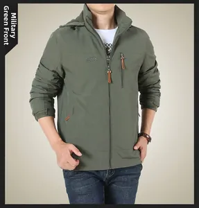 Front view of army green outdoor hooded jacket with chest logo and adjustable cuffs
