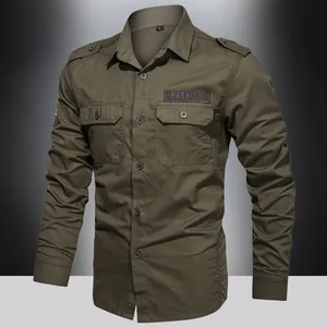 Detail of army green utility shirt featuring dual chest pockets and shoulder epaulets