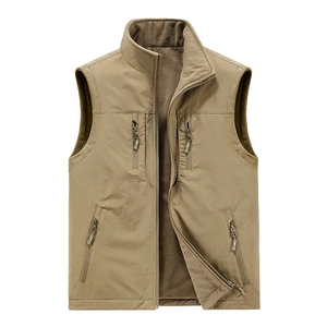Men's double-sided reversible fleece vest with high collar and zipper pockets in khaki