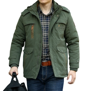 Army green men's hooded work jacket with multi-pockets and warm padding for winter