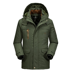 Men's olive green hooded parka with warm faux fur lining and embroidered details