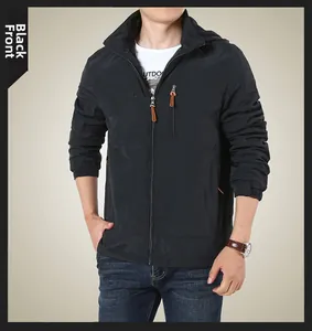 Detailed front view of black windproof hooded jacket with chest zipper and ribbed cuffs
