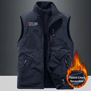 Men Reversible Fleece Vest Outdoor Workwear Sleeveless Jacket Stand Collar Zipper Waistcoat Warm Multi Pockets Casual Outerwear