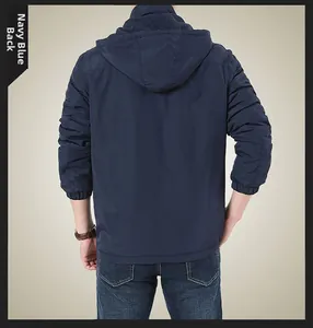 Back view of a navy blue hooded winter jacket with windproof fabric and elastic cuffs
