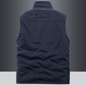 Men's reversible outdoor fleece vest in navy blue with windproof stand collar and textured fabric