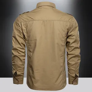 Detail view of khaki workwear shirt back showing shoulder epaulets and cotton texture