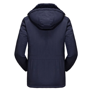 Men's deep blue winter hooded jacket with warm black fleece lining and waist stitching