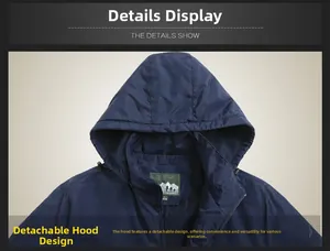 Detail view of a navy blue outdoor jacket featuring a practical detachable hood design
