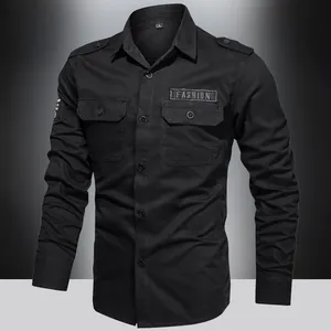 Detail of black long-sleeve cargo shirt with twin breast pockets and fashion label