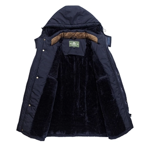 Men's navy hooded winter parka with thick black fleece lining and corduroy collar