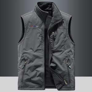 Men's outdoor reversible charcoal grey fleece vest with zipper pockets and embroidery