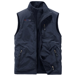 Men's navy reversible fleece vest with stand collar and embroidery for outdoor wear