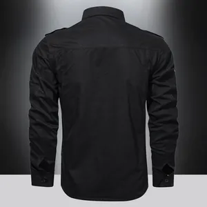 Detail view showing the epaulettes and vertical stitching on back of black men's cargo shirt