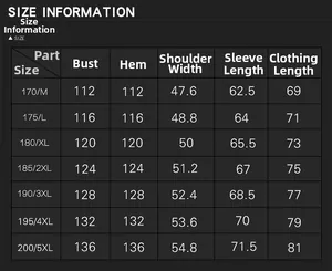 Detailed size chart for men's outdoor work jacket ranging from size M up to 5XL