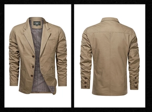 Dettaglio blazer casual kaki con revers classici, tre bottoni e fodera interna a righe