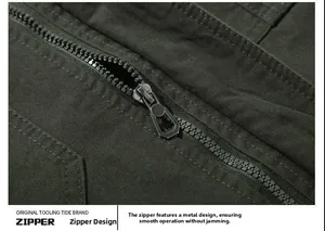 Close-up of durable metal zipper and high-density cotton twill fabric on cargo jacket