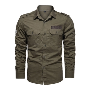 Men Long Sleeve Workwear Shirt Cotton Tactical Military Style Button Down Tops With Shoulder Epaulets And Dual Chest Pockets