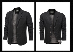 Dettaglio di blazer casual nero con fodera a righe e chiusura classica a tre bottoni