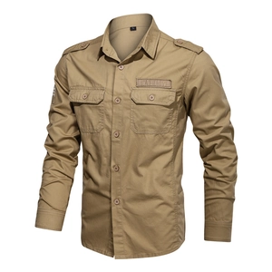 Classic khaki long sleeve tactical work shirt for men with dual chest pockets