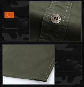 Detail of army green work shirt featuring fashion buttons and durable double-stitched hem