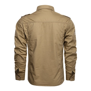 Rear view of khaki cargo shirt showing shoulder straps and decorative sleeve patch