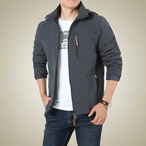 Men's loose outdoor winter jacket in dark grey with warm fleece lining and hood