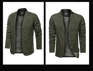 Vista dettagliata del blazer casual verde oliva con fodera a righe e polsini a bottoni