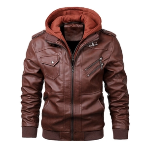 Men's vintage brown faux leather biker jacket with orange hooded liner and metal zippers