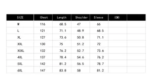 Size chart table for men's vintage PU leather jacket featuring measurements from M to 6XL