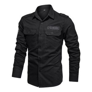 Men's solid black long sleeve tactical shirt with chest pockets and shoulder epaulettes