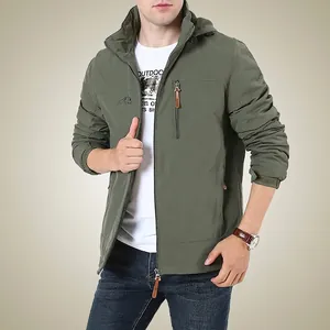 Army green men's padded outdoor jacket with hood and functional zip pockets