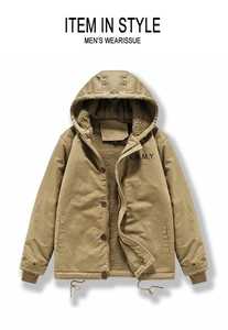 Detail of warm sherpa lining and khaki military style jacket with A.R.M.Y. print