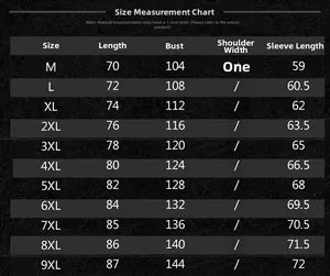 Detailed size chart for men's casual long sleeve shirt from size M to 9XL with measurements