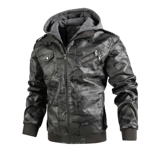 Men's winter camo hooded biker PU leather jacket with detachable knit hood and zip pockets
