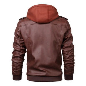 Men's retro brown PU leather jacket with hood, back view showing vintage biker style texture