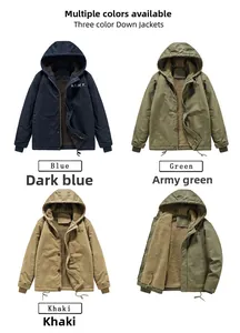 Detailed view of heavy fleece lining and ARMY print on hooded work jackets in three colors