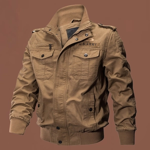 Men's khaki military cotton jacket with U.S. ARMY embroidery and utility pockets