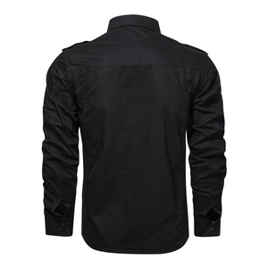 Detailed back view of men's black military-style cotton shirt with epaulettes and yoke