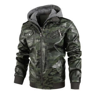 Men's Winter Camouflage Hooded PU Leather Jacket Casual Moto Detachable Hood Faux Leather Coat Outwear Printed Windproof Top