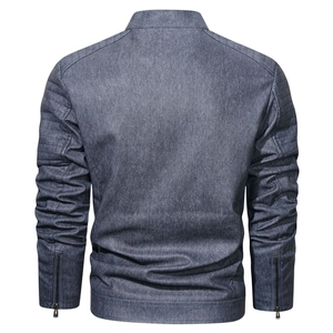 Blue-grey vintage PU leather jacket with quilted shoulder details and back view