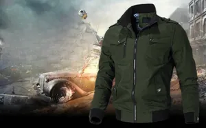 Detail of dark olive green military jacket with stand collar and functional pockets