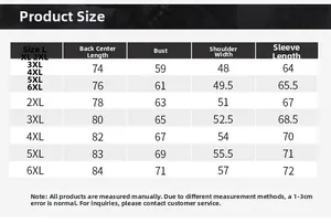 Tableau des tailles pour manteau d'hiver à capuche homme, mesures du L au 6XL en cm