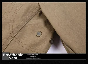Dettaglio del polsino in cotone twill kaki con cuciture rinforzate e occhielli in metallo