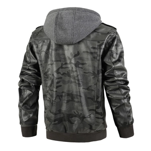 Men's camouflage PU leather biker jacket with a grey detachable hood, back view display