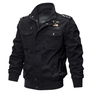 Men's black cotton military utility jacket with stand collar and US Army patch details
