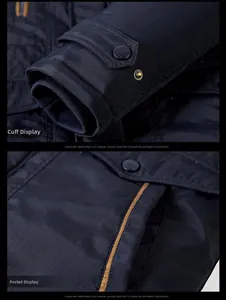 Detail of windproof ribbed cuffs and large flap pockets on dark blue winter parka coat