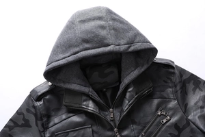 Detailed close-up of camo PU leather jacket showing hood texture and zipper hardware